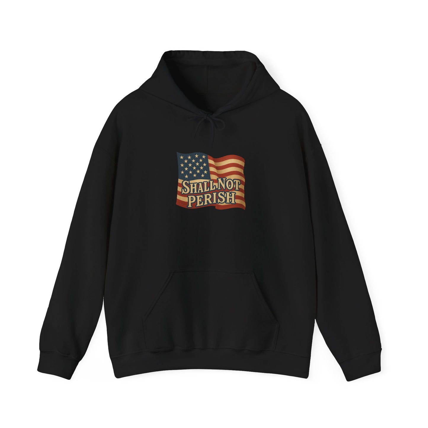 Patriotic Unisex Hooded Sweatshirt – 'Shall Not Perish' Design