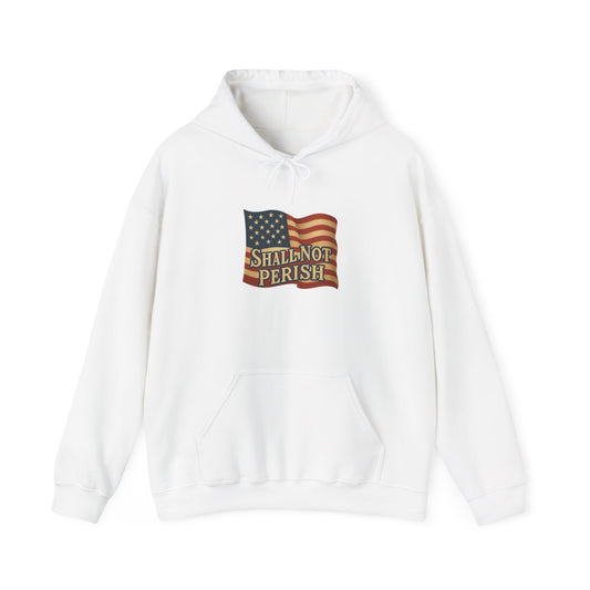 Patriotic Unisex Hooded Sweatshirt – 'Shall Not Perish' Design